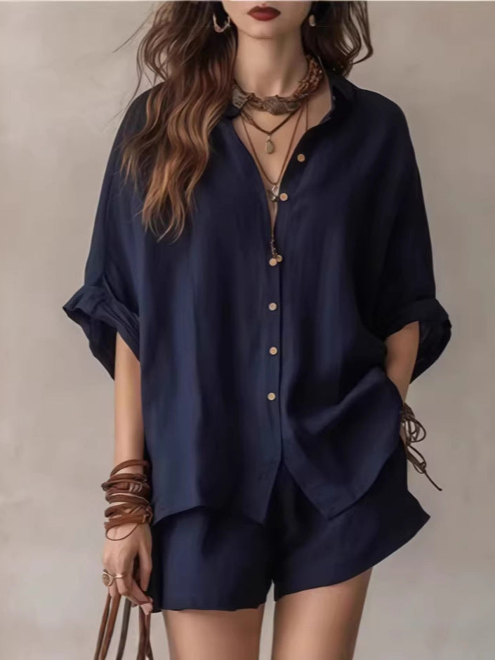 Solid color loose breasted shirt shorts casual set