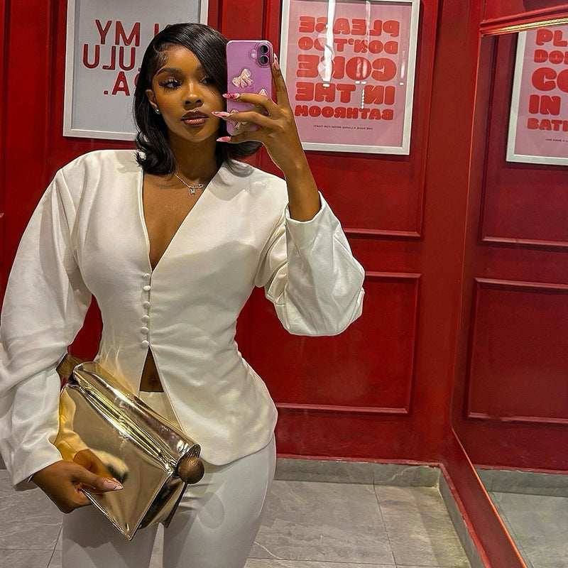 Autumn Long Sleeve Waist-Cinching V-Neck Women's Suit Two-Piece Set