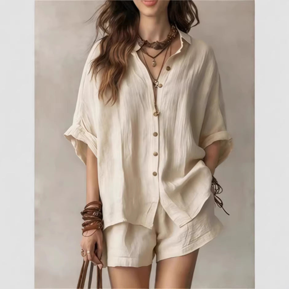 Solid color loose breasted shirt shorts casual set