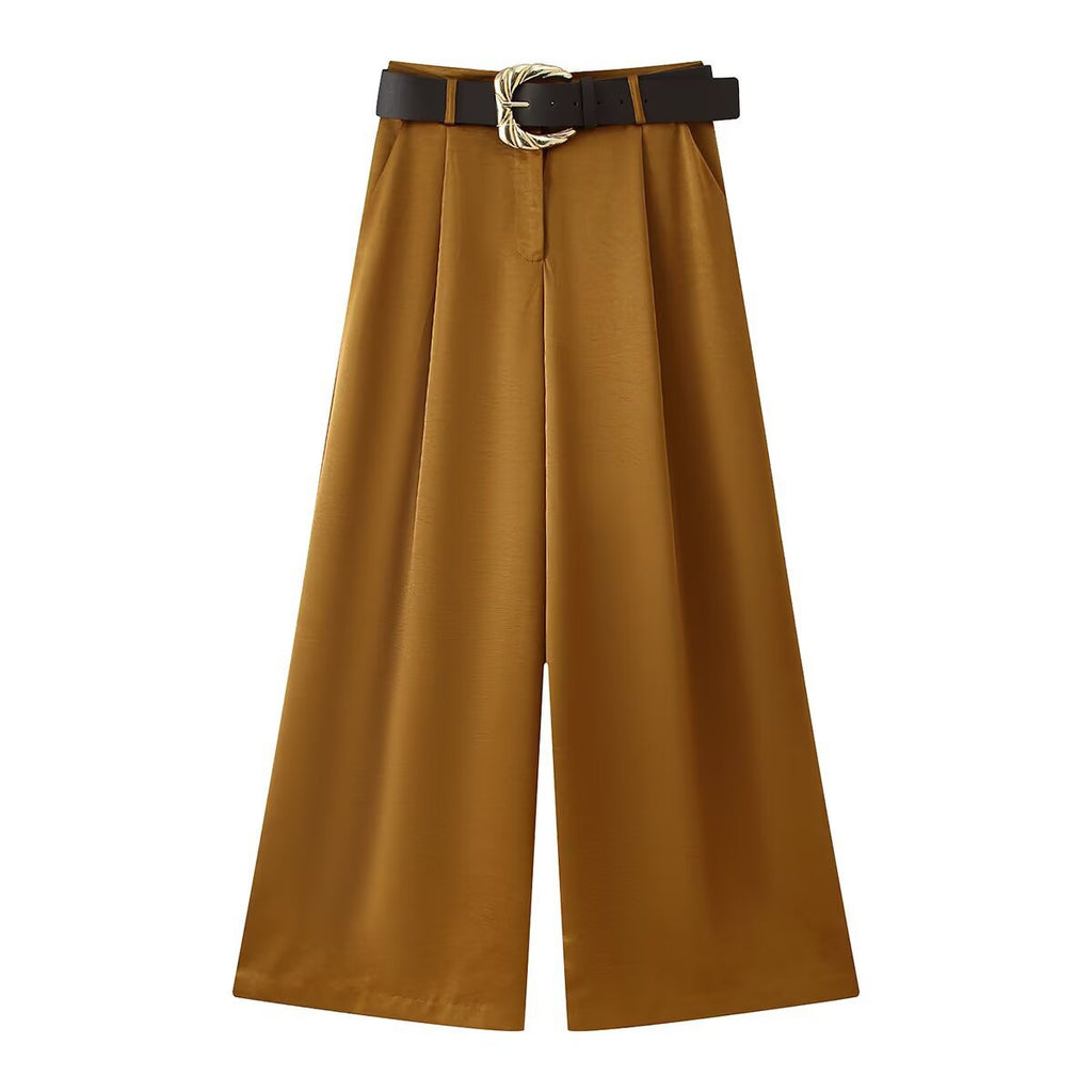 Double breasted silk top+straight leg pants set