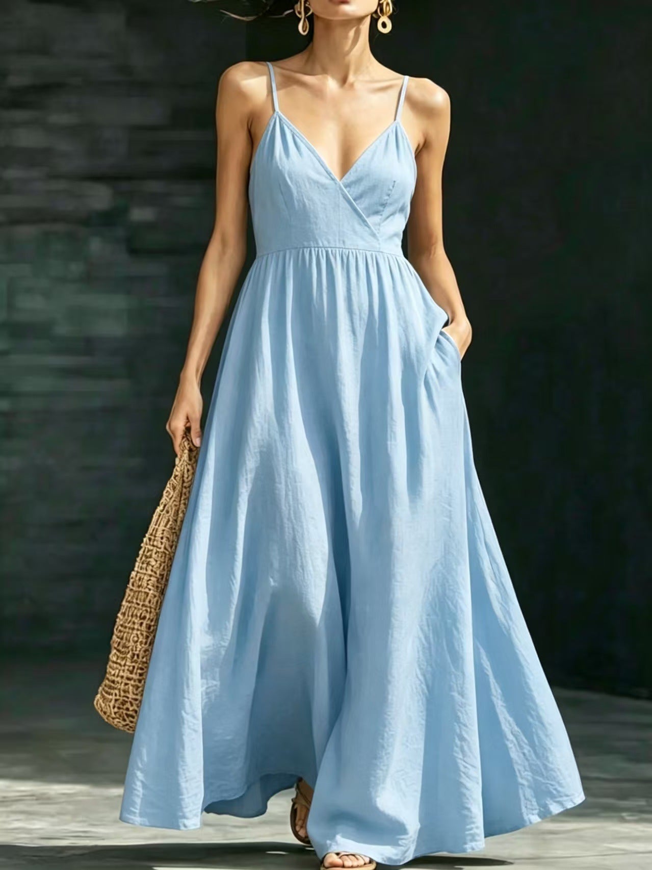 Amanda V-Neck Backless Strap Pocket Elegant Long Strap Dress
