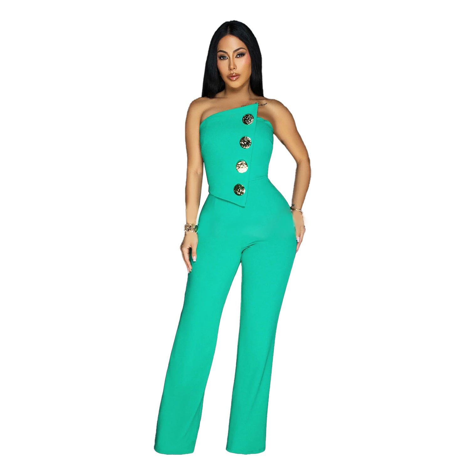 Fashion Women's Sleeveless Buttoned Jumpsuit Long Pants