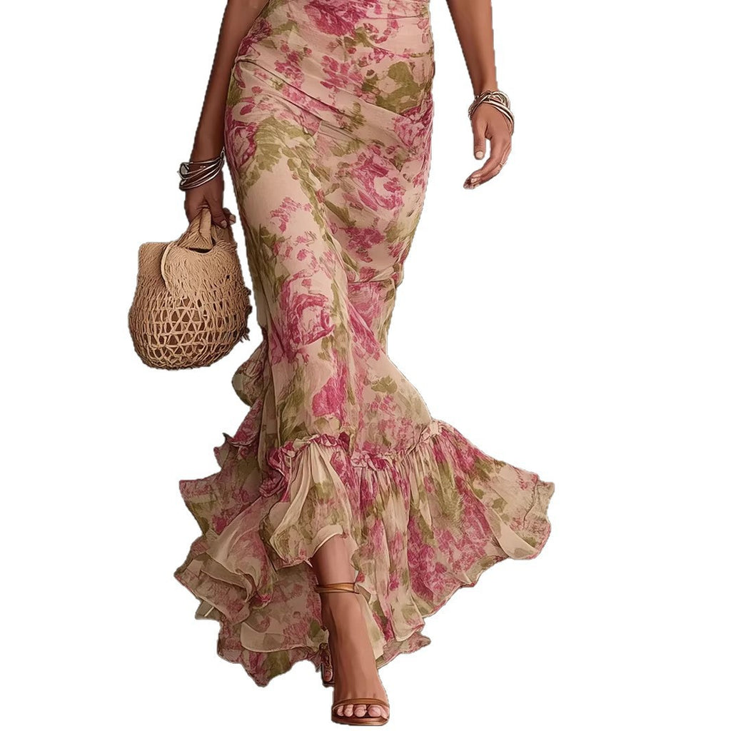 Bubble sleeve printed slim fit long skirt