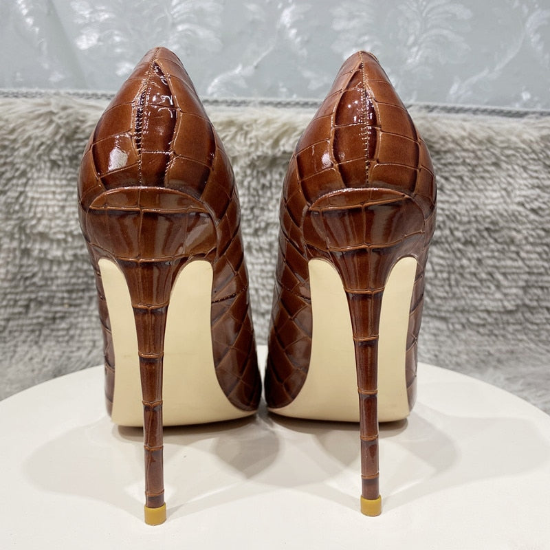 Chestnut Glossy Croc Pointed Heels  Sexy 8 10 12cm