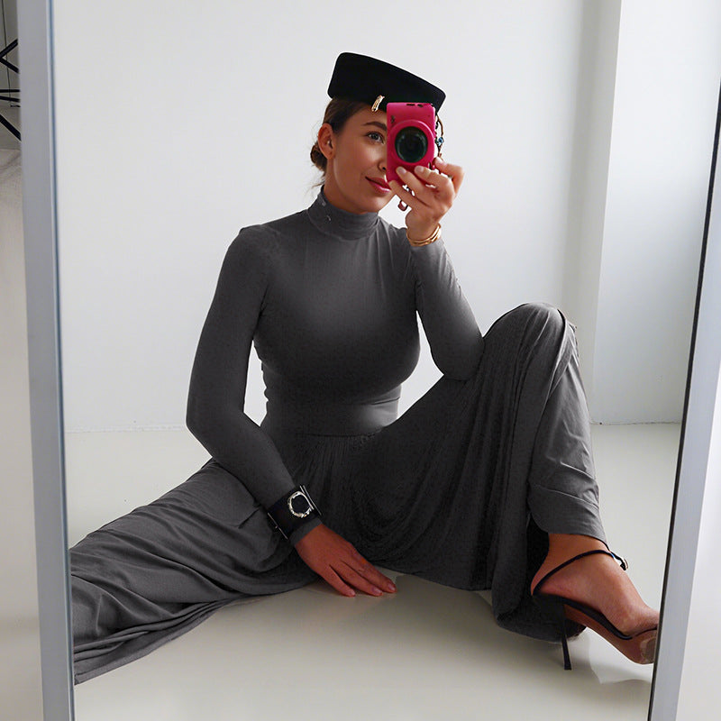 Style street fashion creative high-neck long sleeve gathered patchwork jumpsuit for women