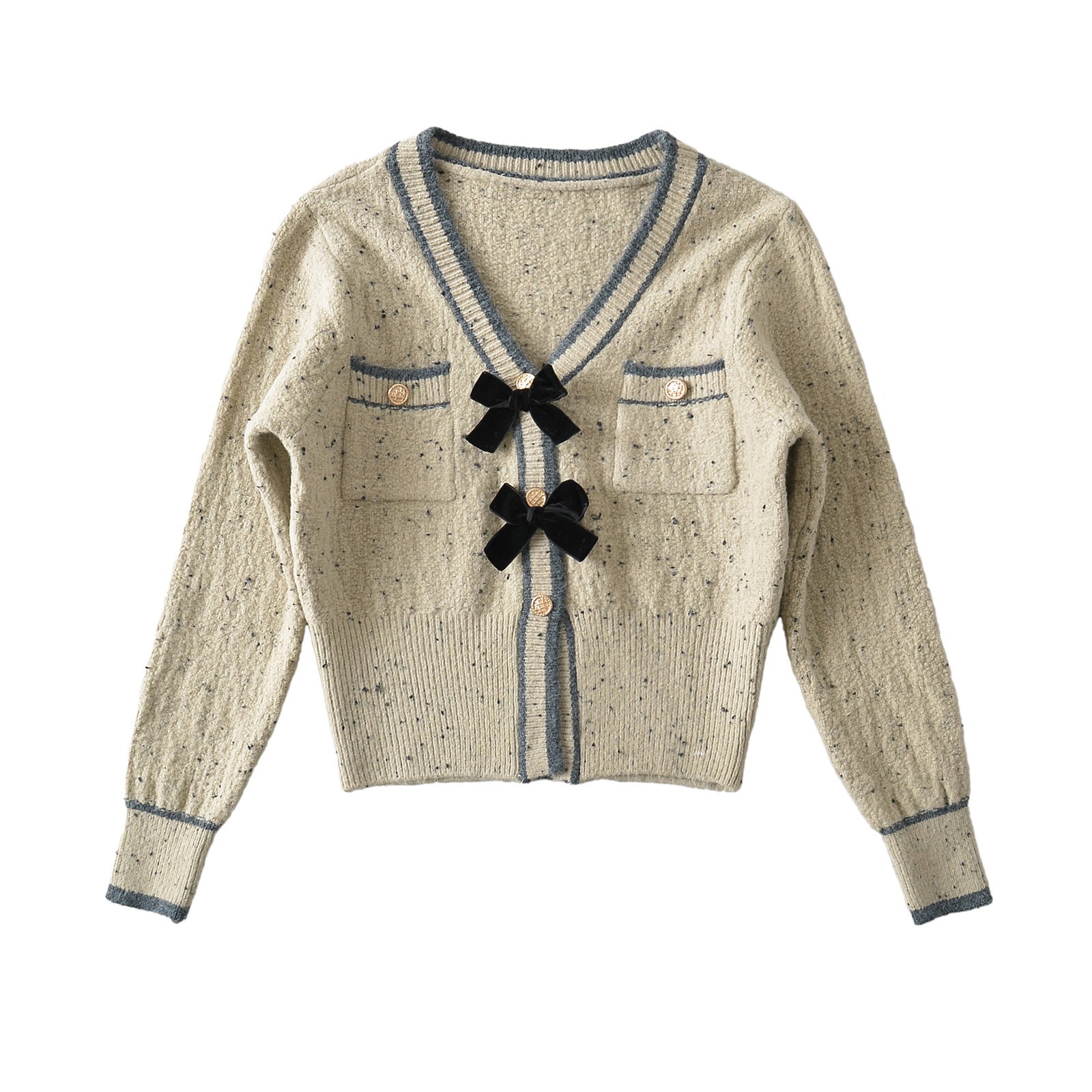 Slim fit color blocked ribbon bow V-neck long sleeved sweater