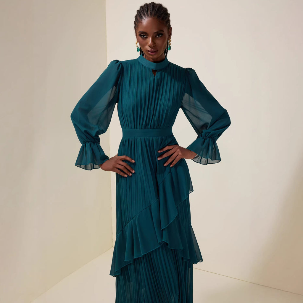 Laura Pleated Midi Dress with Long Sleeves