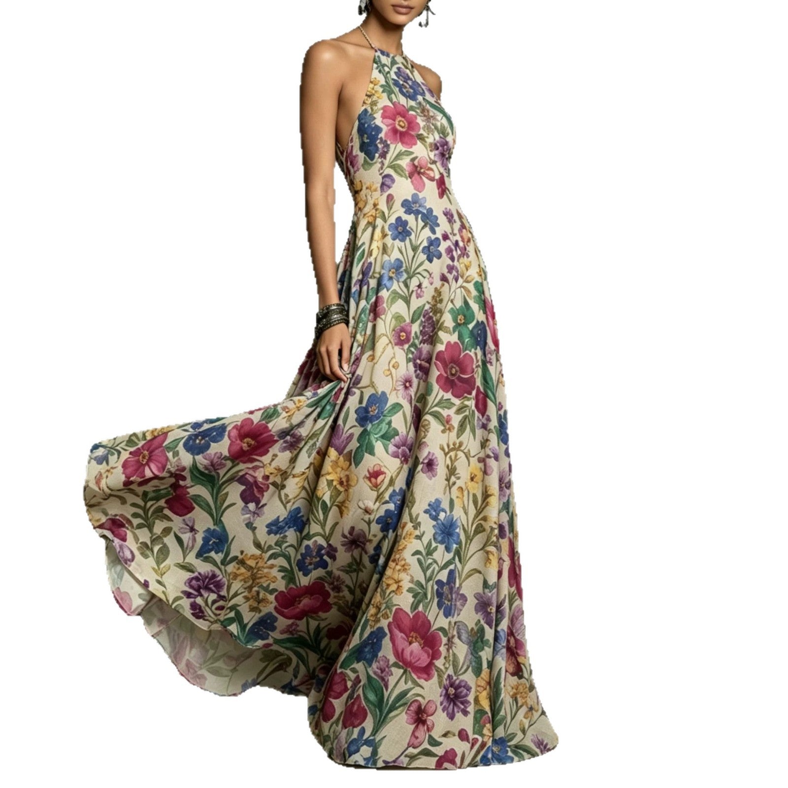 Summer New Plant Floral Print Strapless Dress, Off-shoulder Slim Fit Flowy Maxi Skirt