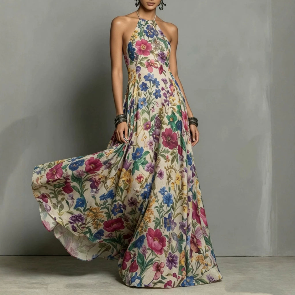 Summer New Plant Floral Print Strapless Dress, Off-shoulder Slim Fit Flowy Maxi Skirt