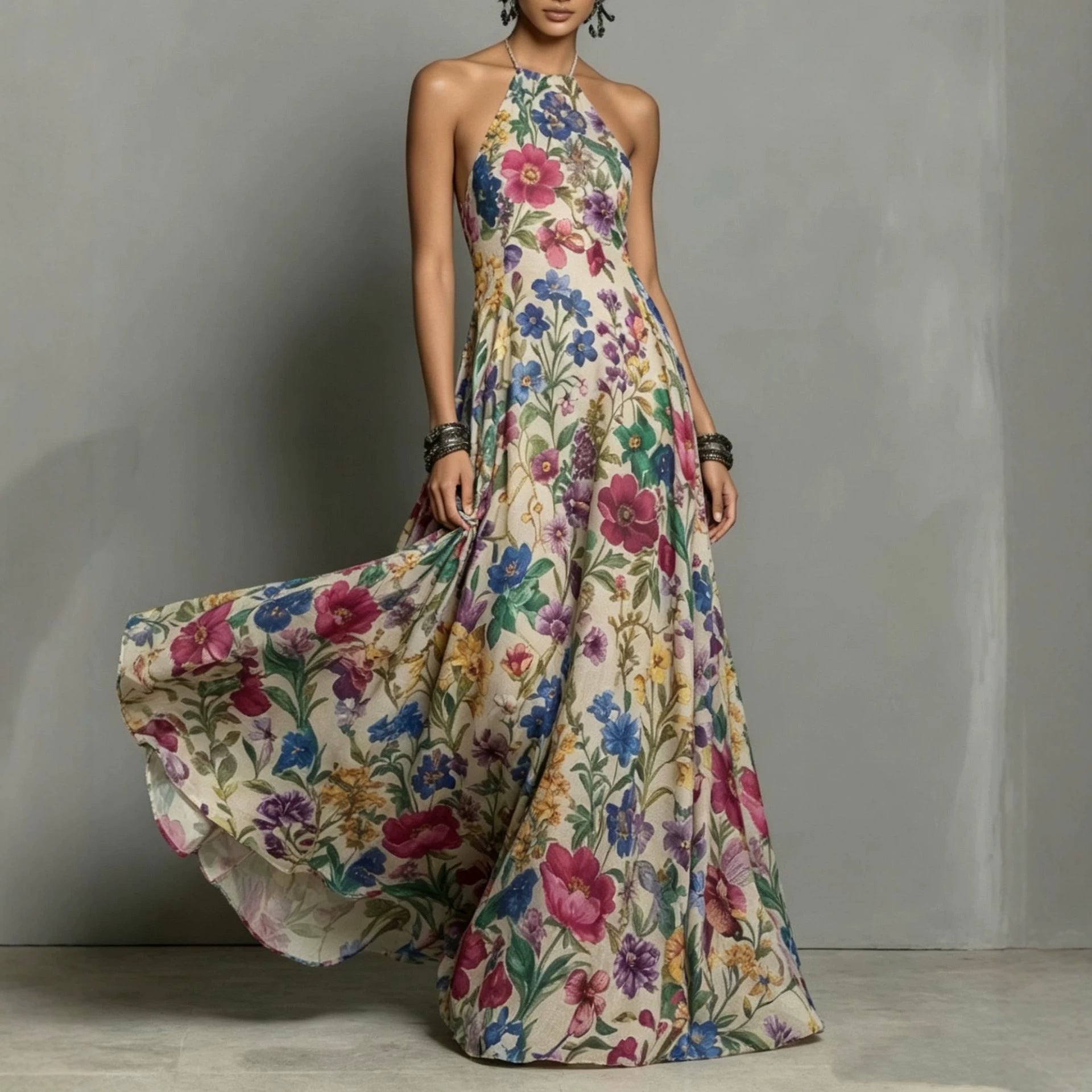 Summer New Plant Floral Print Strapless Dress, Off-shoulder Slim Fit Flowy Maxi Skirt