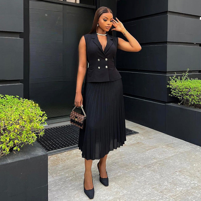 Celine Double breasted vest top pleated skirt set