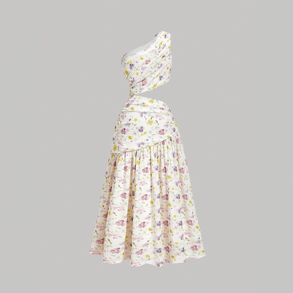 Deborah Floral Print Asymmetric Single Shoulder Cut-Out Pleated A-Line Long Dress