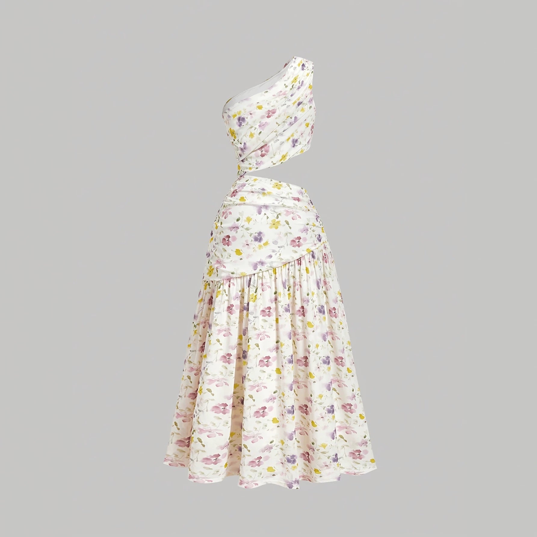 Deborah Floral Print Asymmetric Single Shoulder Cut-Out Pleated A-Line Long Dress