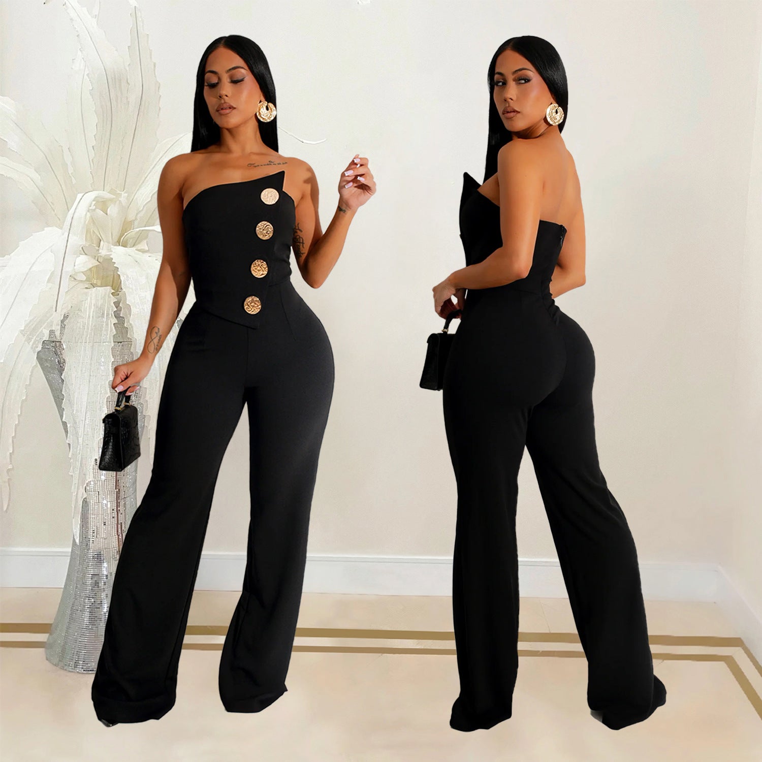 Fashion Women's Sleeveless Buttoned Jumpsuit Long Pants