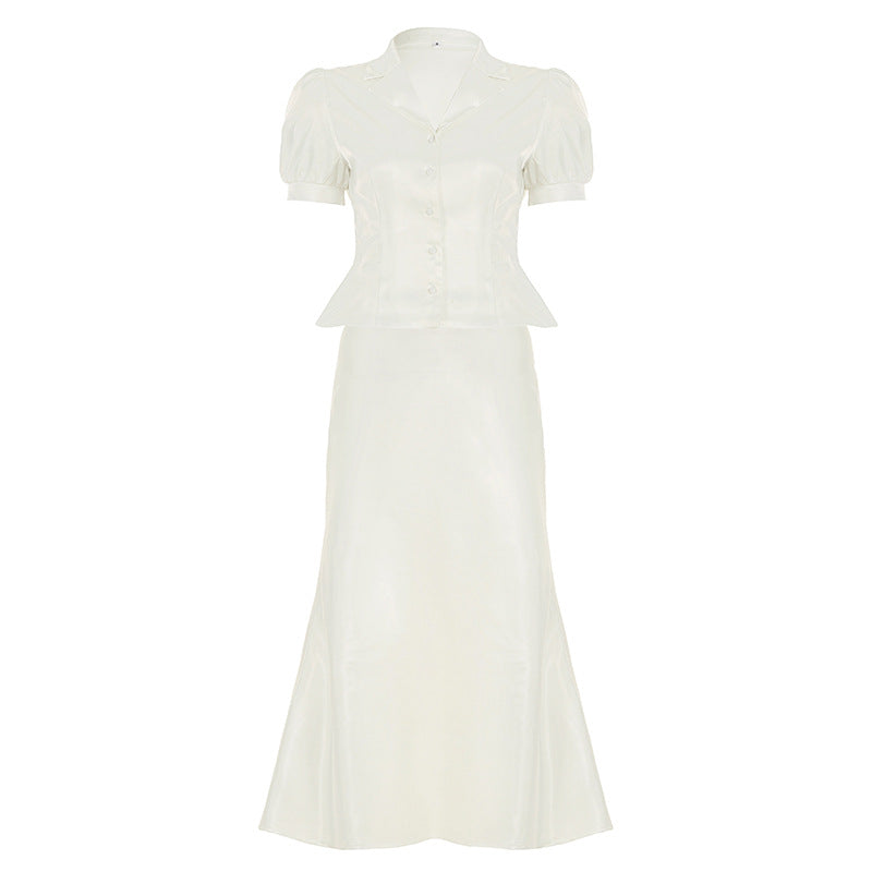 Elegant Lady Fitted Bubble Sleeve Collar Button-Up Top A-Line Mermaid Long Skirt Casual Set