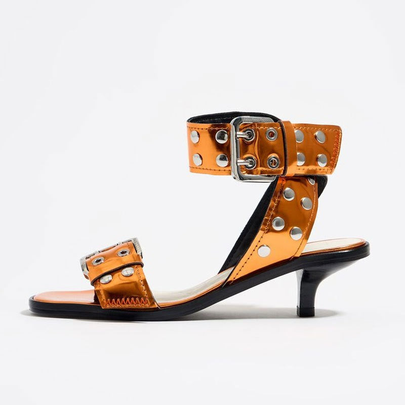stiletto mid-heel wide rivet strap sandals