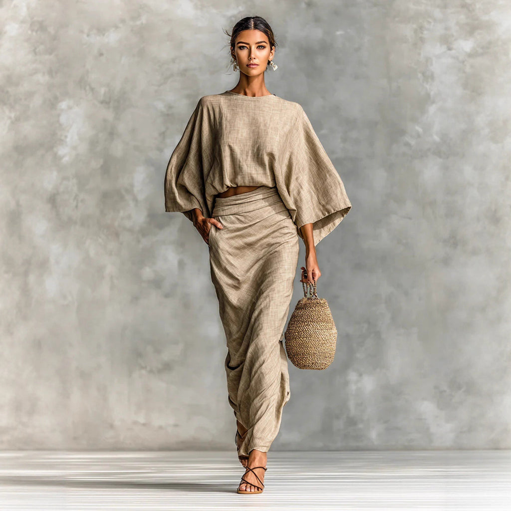 Casual Cotton Linen Women's Outfit Set Autumn Winter Batwing Sleeve Top with Pockets and Back Slit Long Dress
