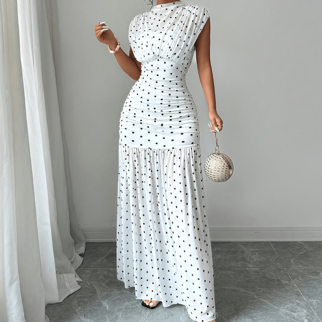 Katie Polka Dot Pleated Fitted Elegant Sleeveless Maxi Dress