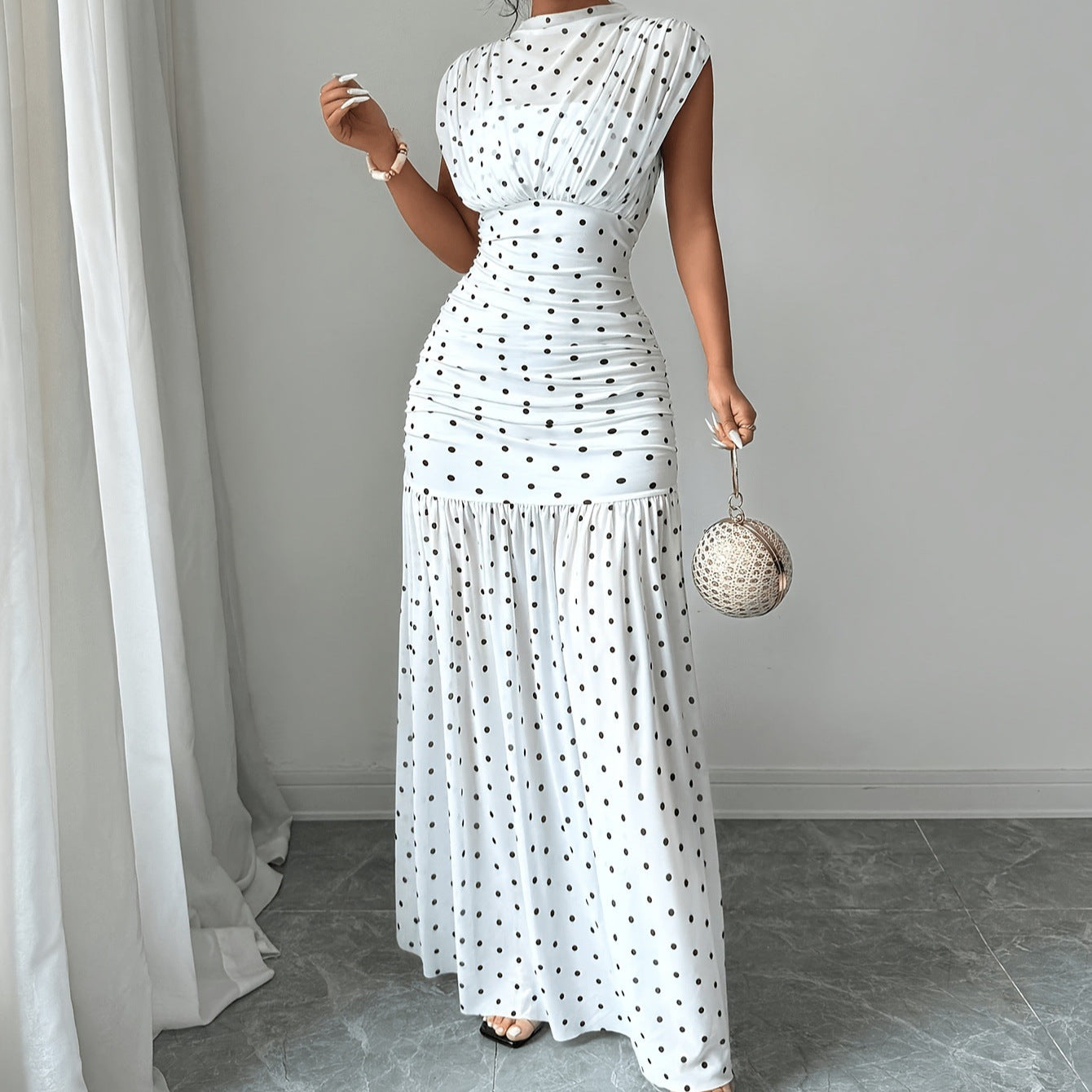 Katie Polka Dot Pleated Fitted Elegant Sleeveless Maxi Dress