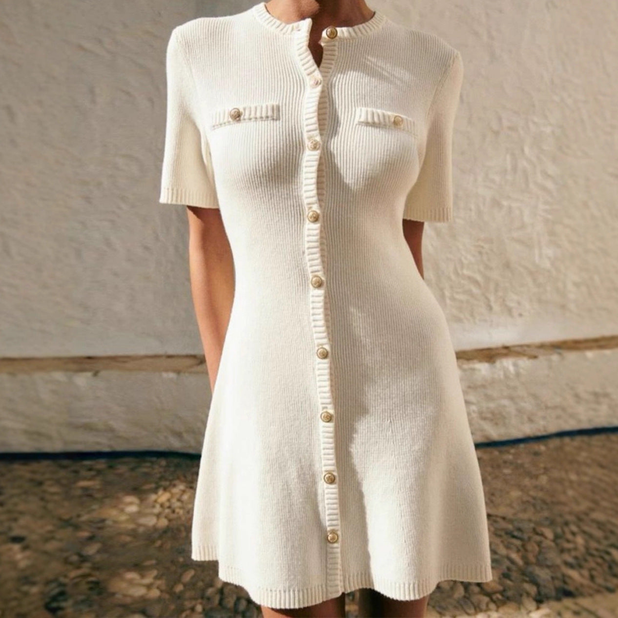 Chic Knit Dress for Women with Metal Buckle, Slim Fit Short Sleeve Waist-CinchingSummer Dress