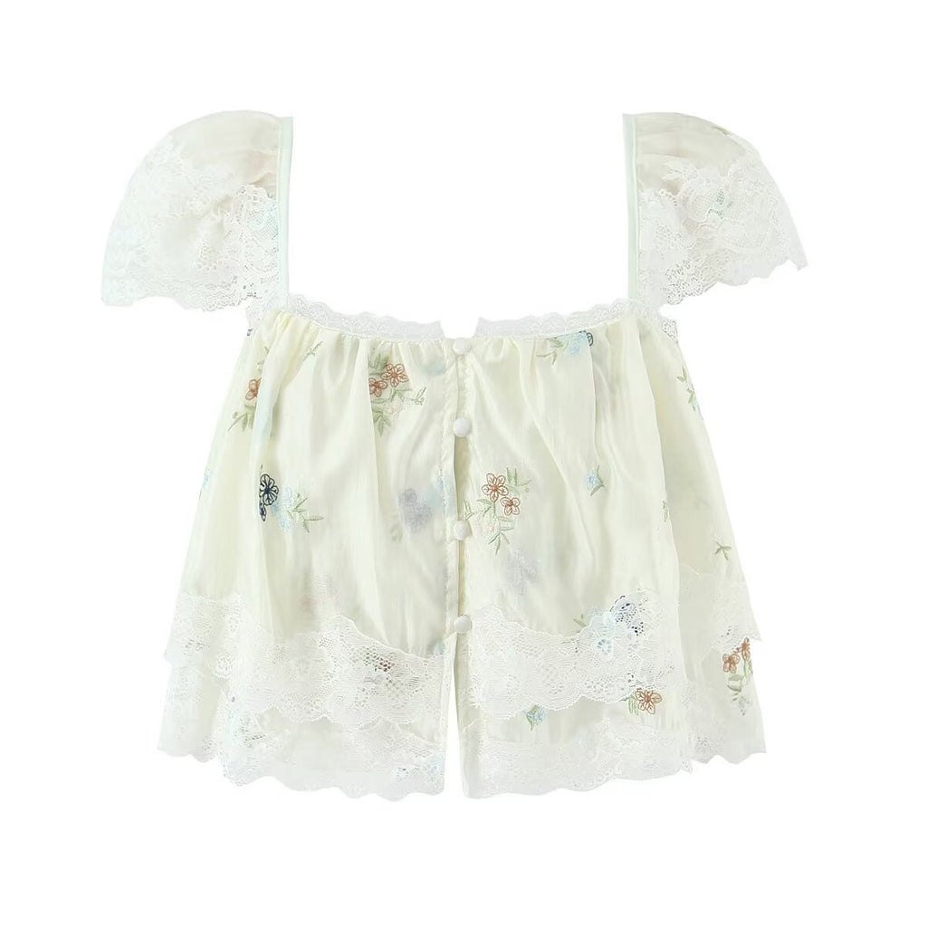 Women's New Fashion Embroidered Flower Strap Top Lace Embroidered Flower Skirt