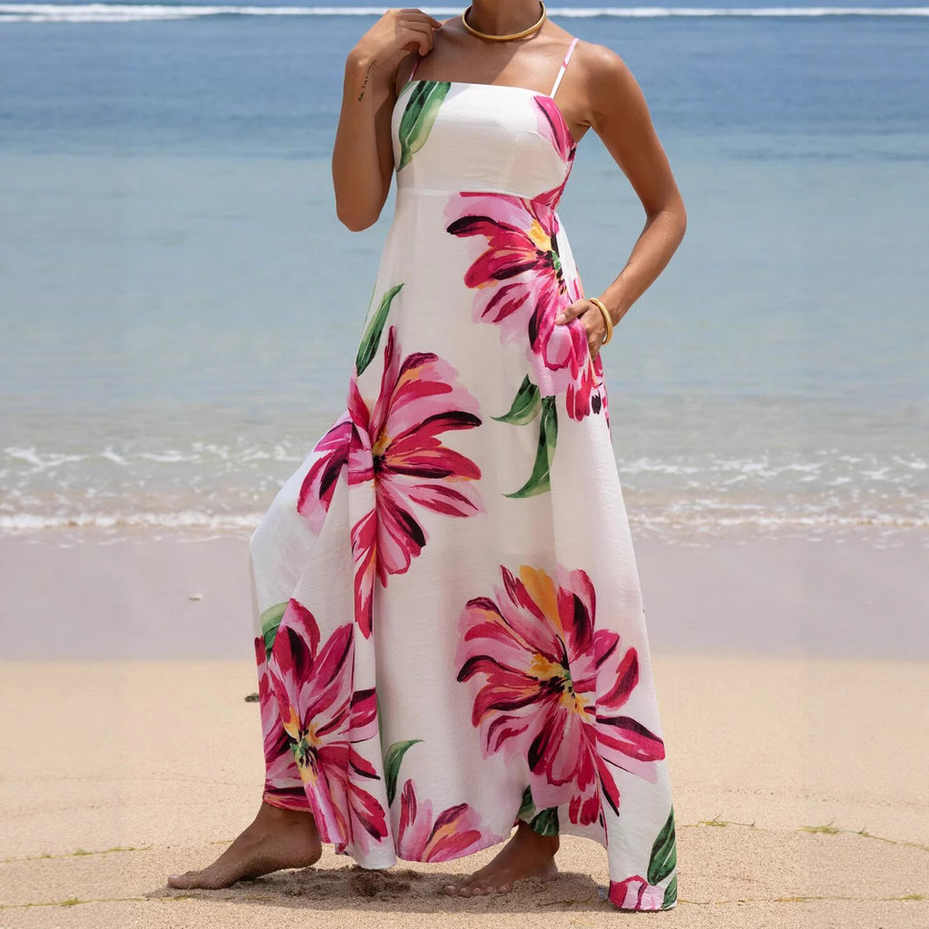 Bohemian Print Large Flower Pocket Maxi Dress