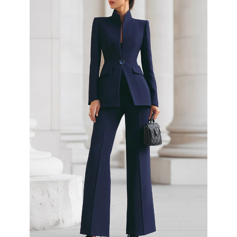 Solid color pocket one button small suit+long suit pants two-piece set