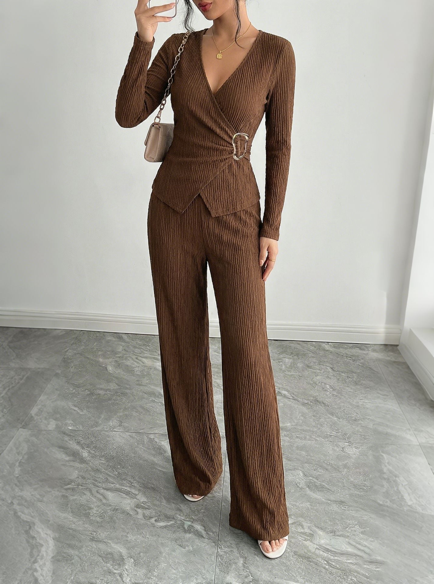 Solid color V-neck cross long sleeved metal decoration T-shirt long pants set