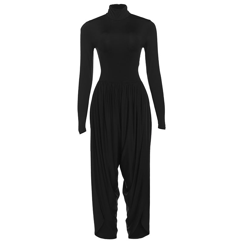 Style street fashion creative high-neck long sleeve gathered patchwork jumpsuit for women
