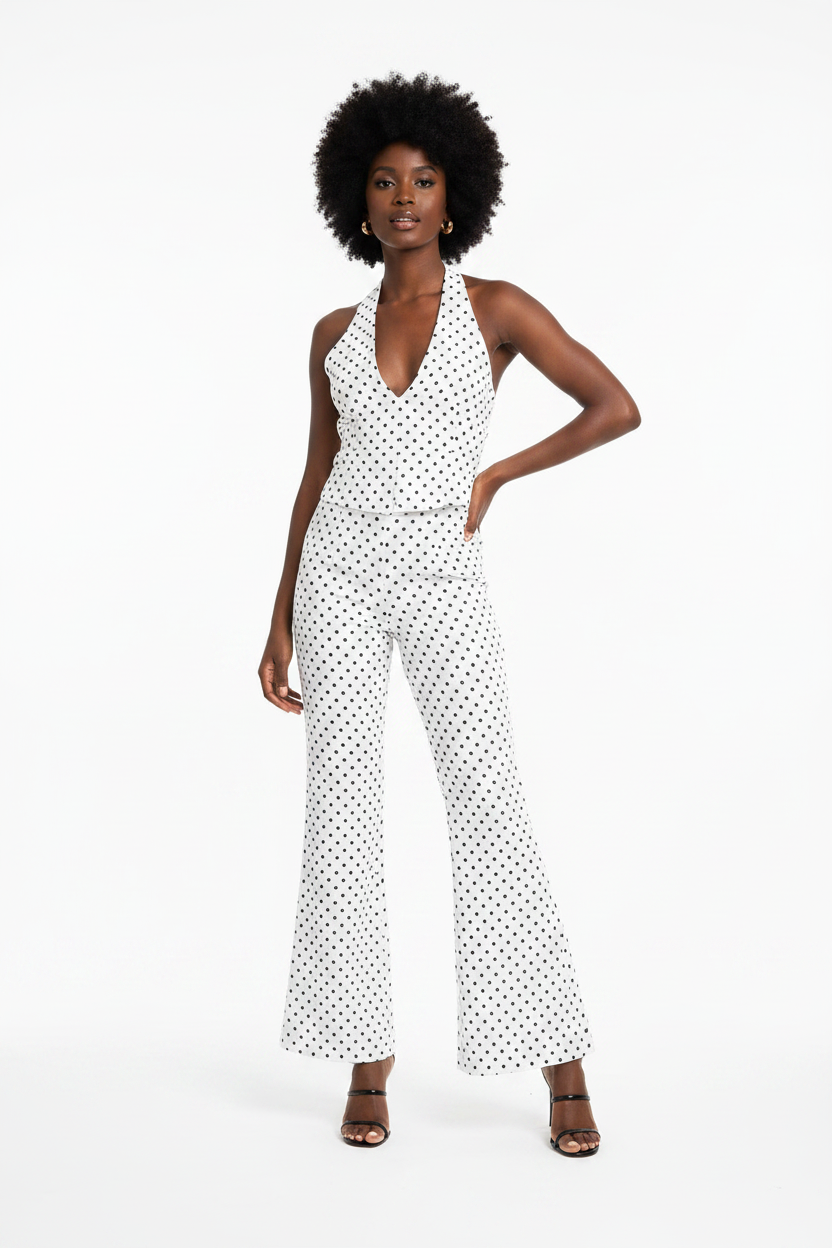 Brooklyn Polka dot collar top+flared pants set