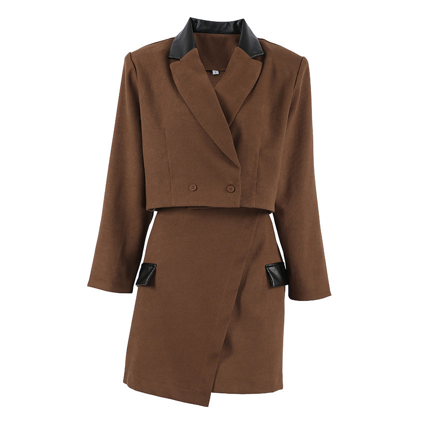 Vintage Brown Wool Suit Set for Women, Retro Blazer and Short Skirt Two-Piece Set, Elegant Style