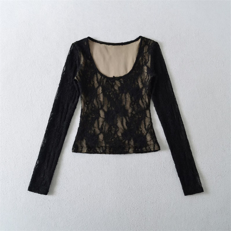 Lace Bow Embroidered Long Sleeve T-Shirt for Women