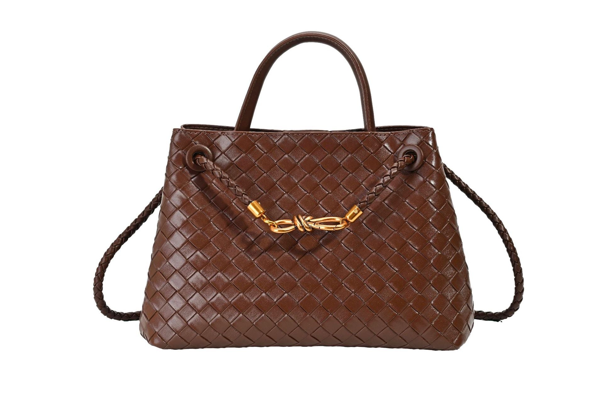 Metal rope buckle woven shoulder bag, fashionable, versatile, retro, commuter bag for women.