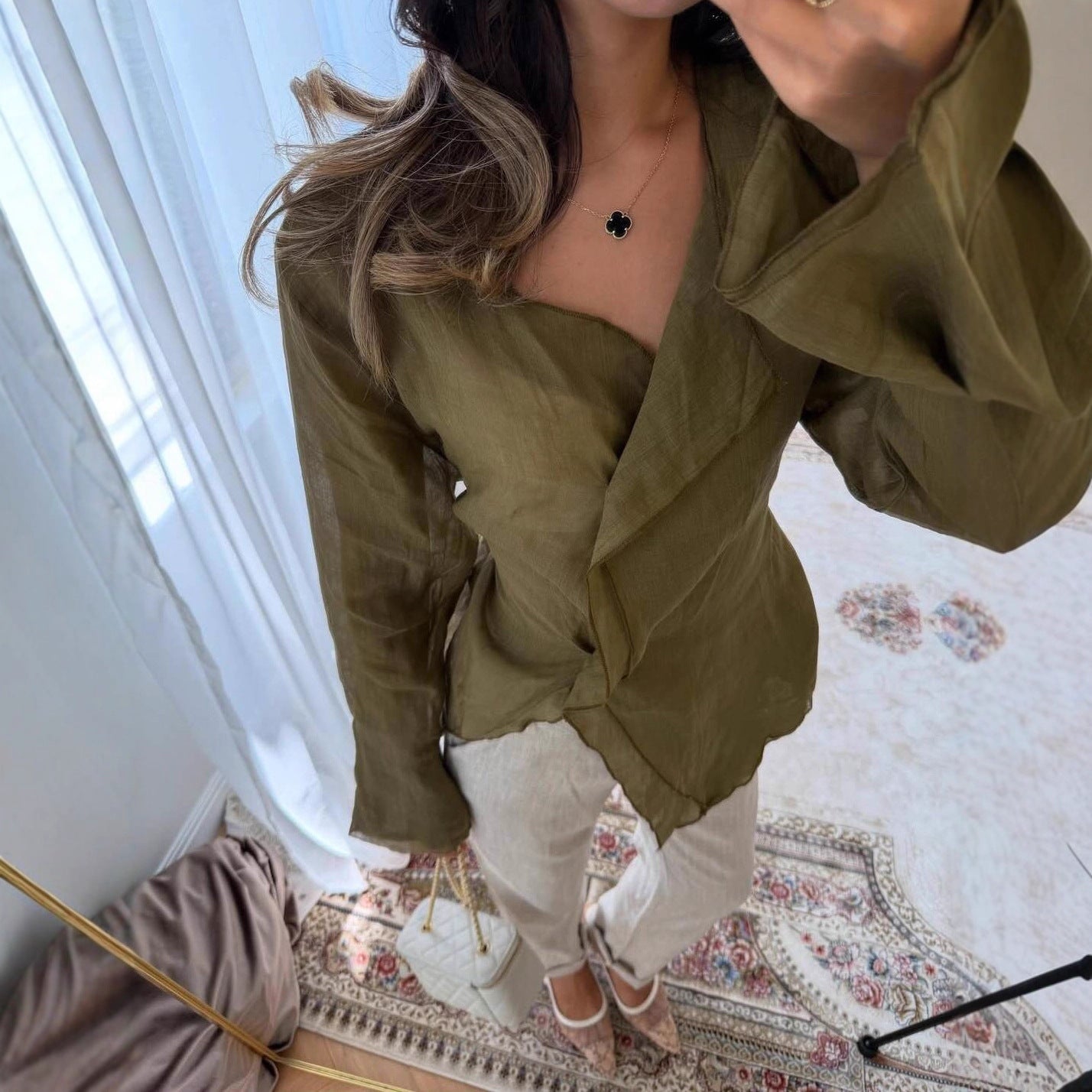 Irregular Long Sleeve V-Neck Casual Shirt for Women