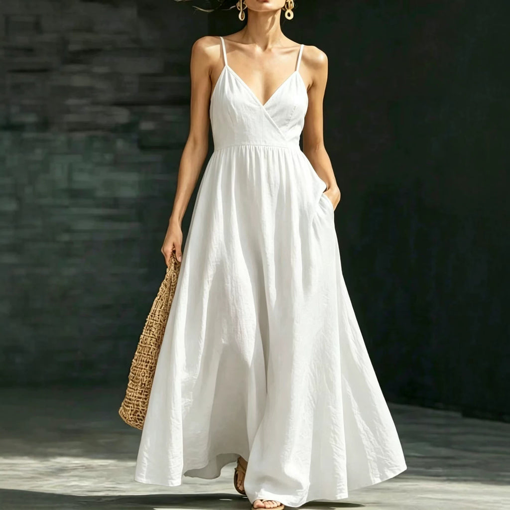Amanda V-Neck Backless Strap Pocket Elegant Long Strap Dress