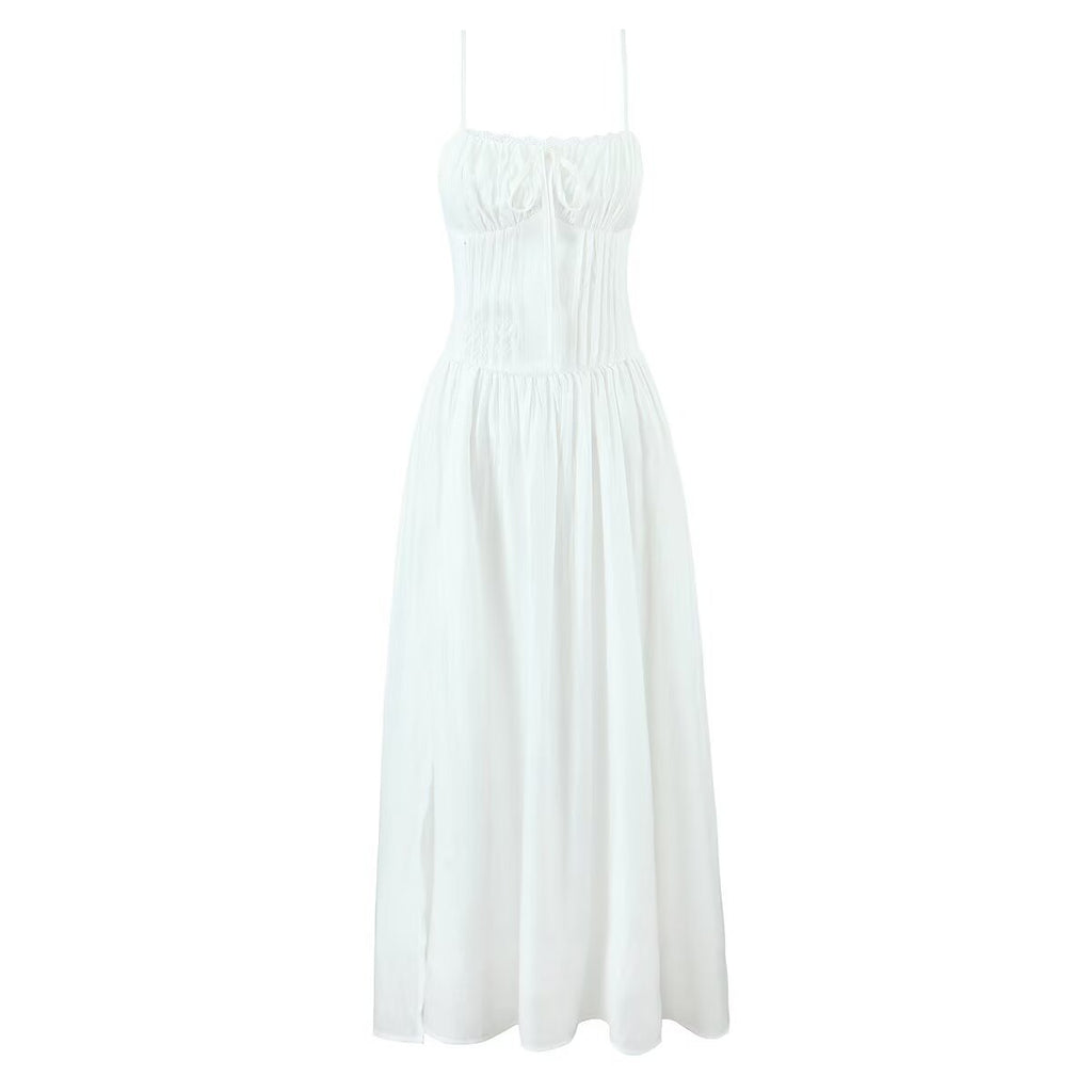 Lisa Waist-Cinching Lace-Trimmed Slit Long Dress