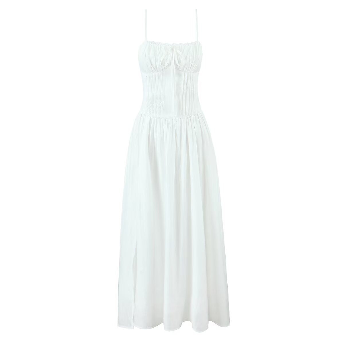 Lisa Waist-Cinching Lace-Trimmed Slit Long Dress
