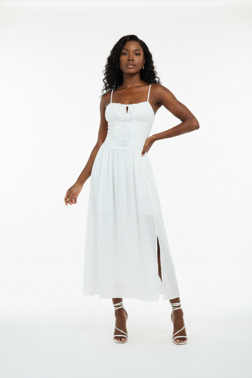 Lisa Waist-Cinching Lace-Trimmed Slit Long Dress