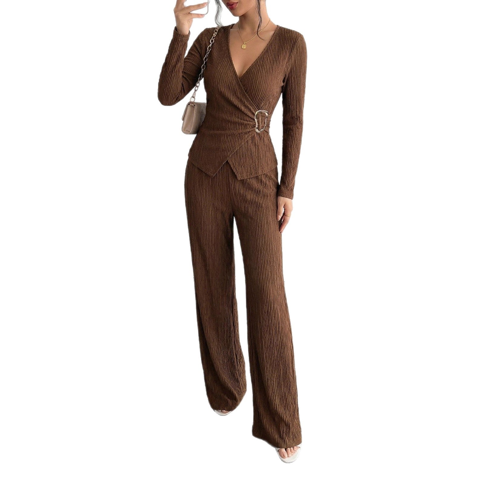 Solid color V-neck cross long sleeved metal decoration T-shirt long pants set