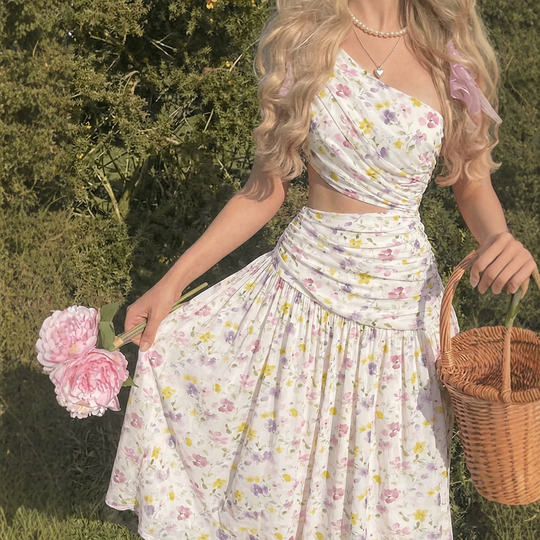 Deborah Floral Print Asymmetric Single Shoulder Cut-Out Pleated A-Line Long Dress