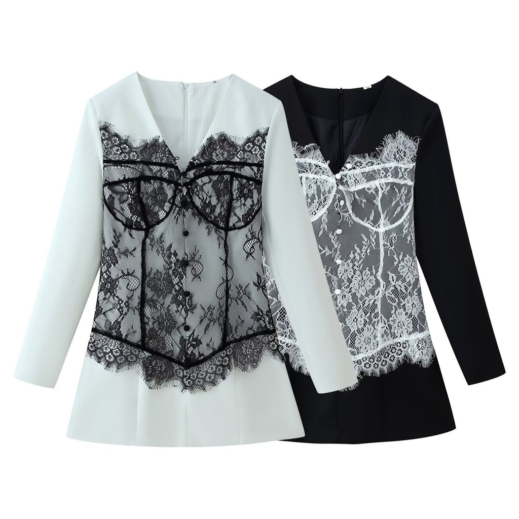 Lace Trimmed Long Sleeve Dress for Women