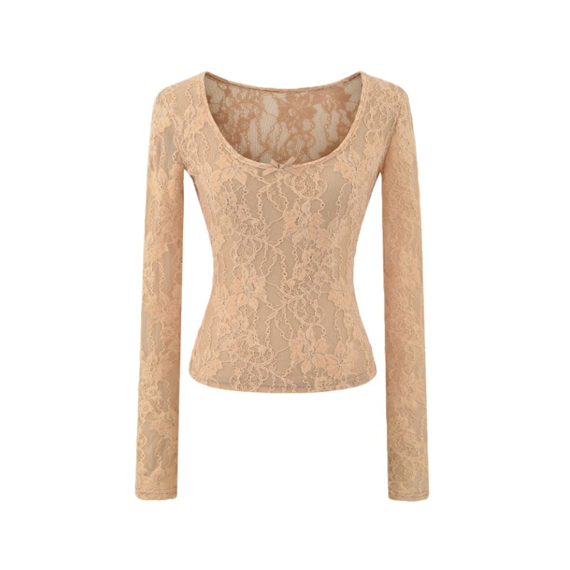 Lace Bow Embroidered Long Sleeve T-Shirt for Women