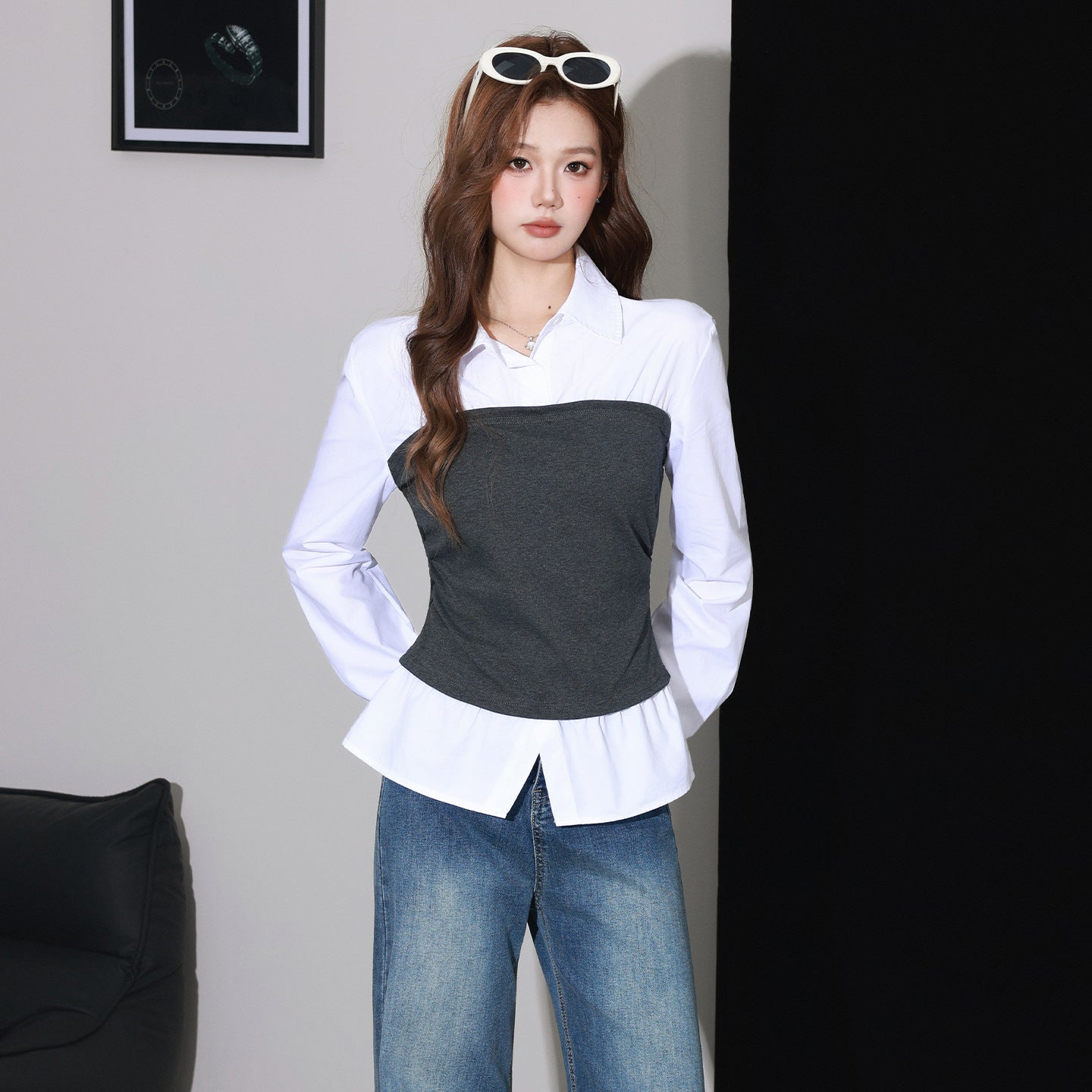 Chic Two-in-One Design Collage Flip Collar Long Sleeve Shirt for Women, Casual Inner Layer Top