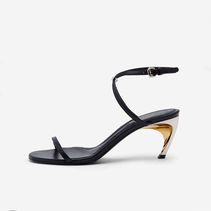 Round toe open toe shaped heel genuine leather sandals