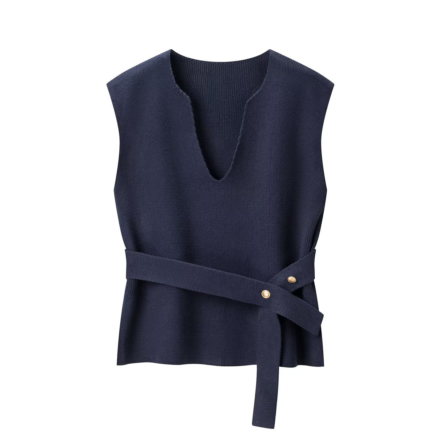 Knitted sleeveless vest with waistband decoration