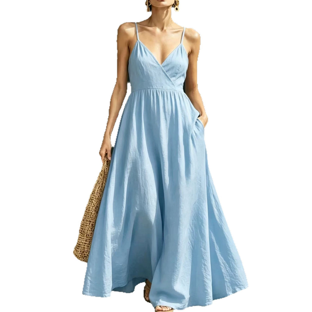Amanda V-Neck Backless Strap Pocket Elegant Long Strap Dress