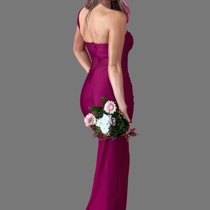 Sexy Elegant Strapless Solid Color Panel Fitted Bodycon Long Dress