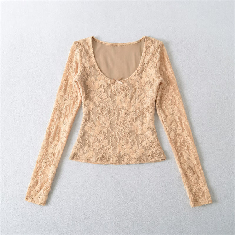 Lace Bow Embroidered Long Sleeve T-Shirt for Women