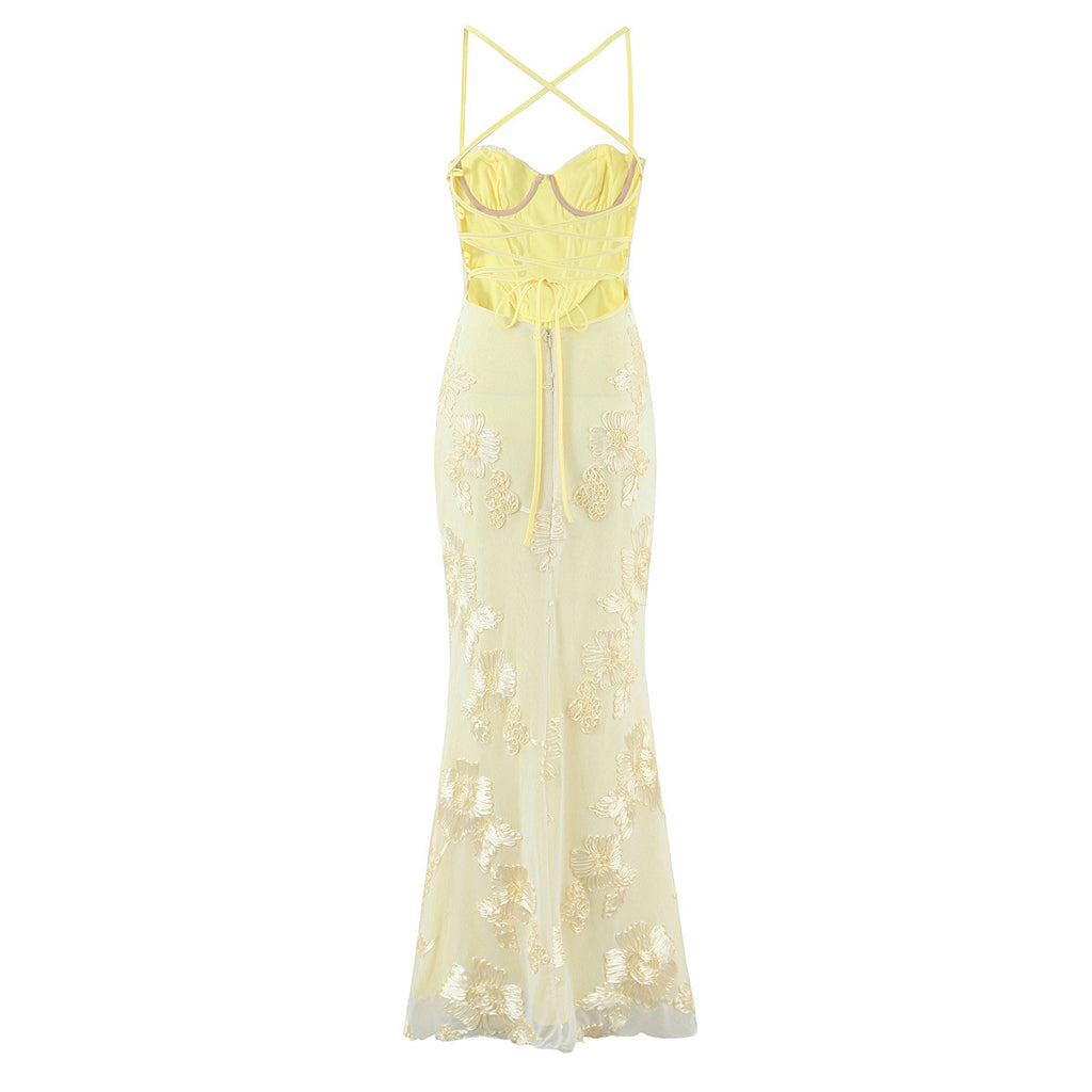 The "Aurelia "Sun-Kissed Petal Bustier Gown in Pale Lemon/Yellow