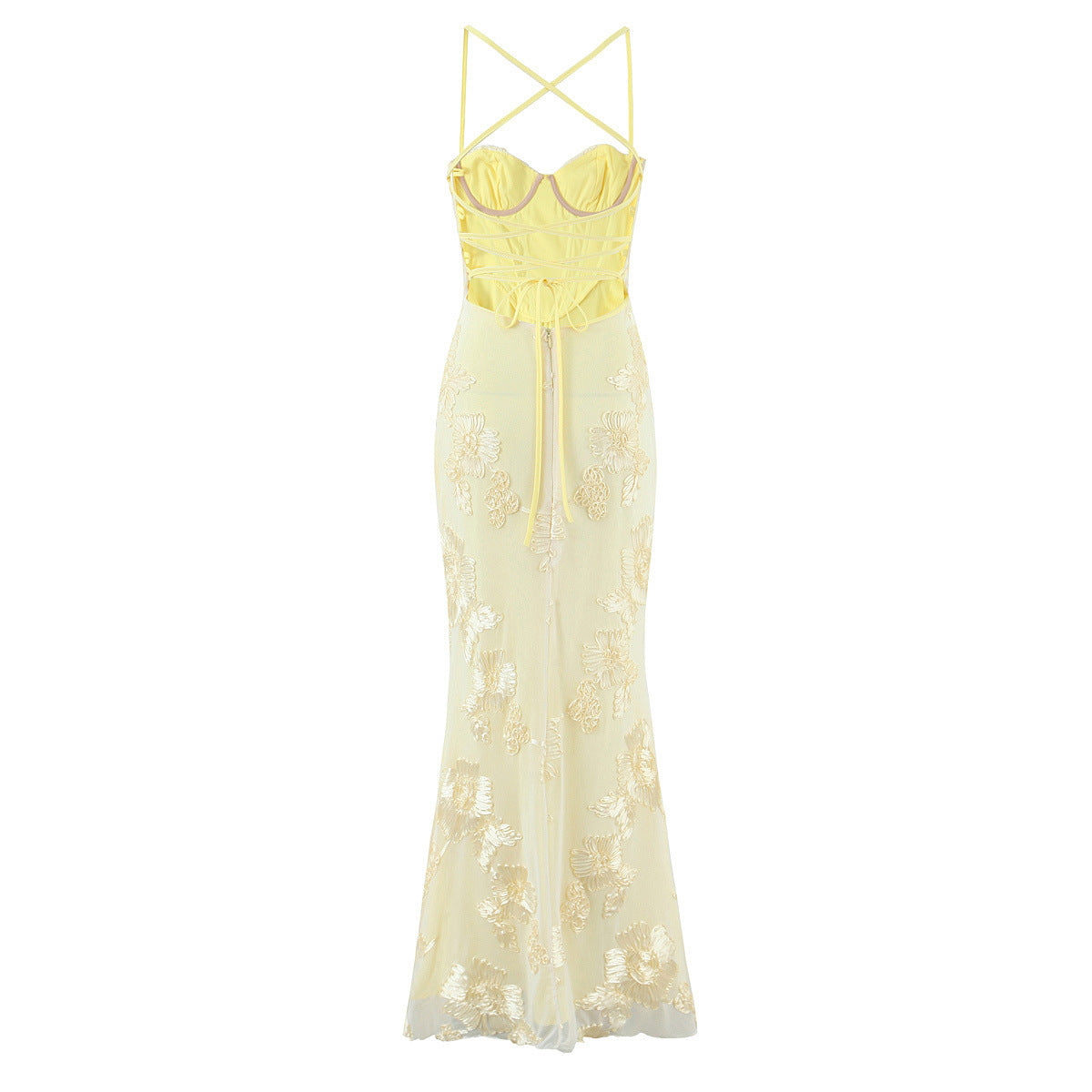 The "Aurelia "Sun-Kissed Petal Bustier Gown in Pale Lemon/Yellow
